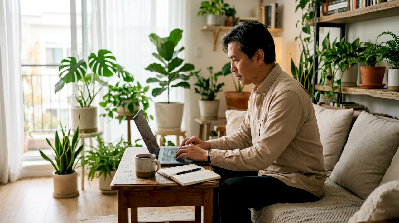 Teacher searching jobs on laptop at home
