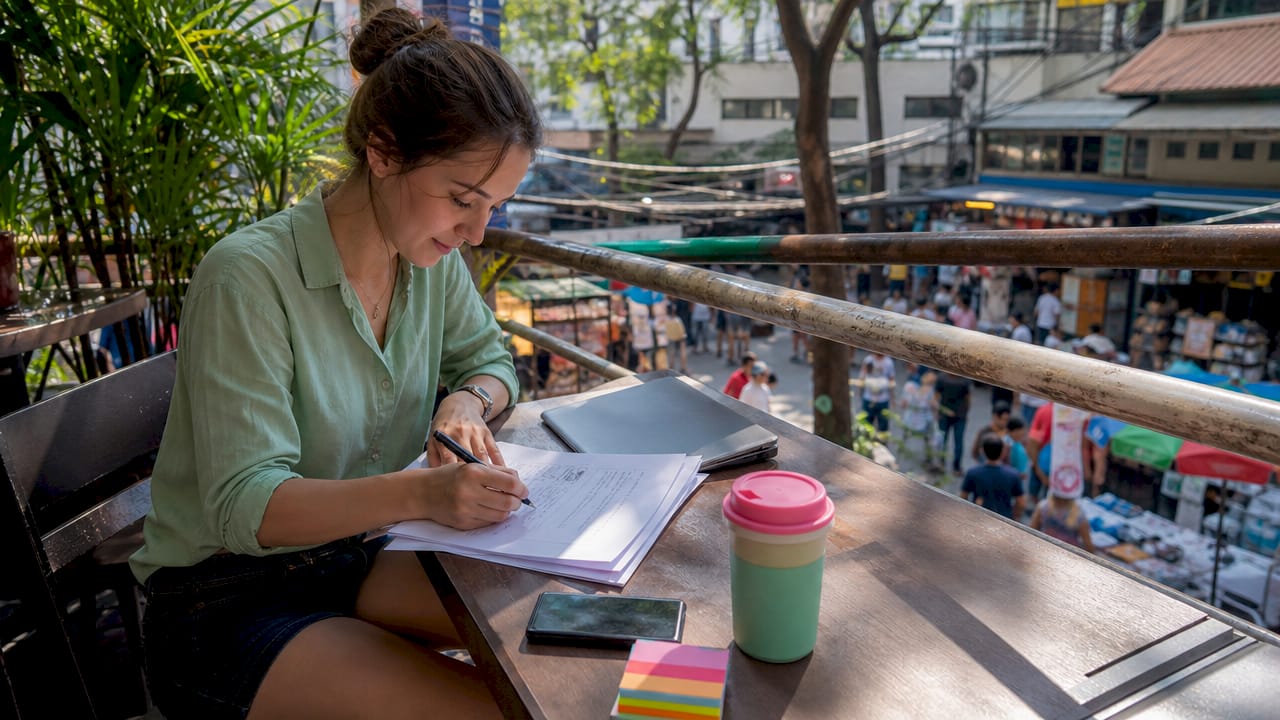 Woman preparing lesson plans outdoors