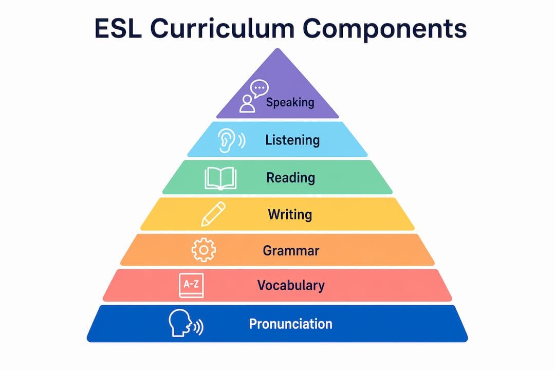 Infographic illustrating ESL curriculum core components