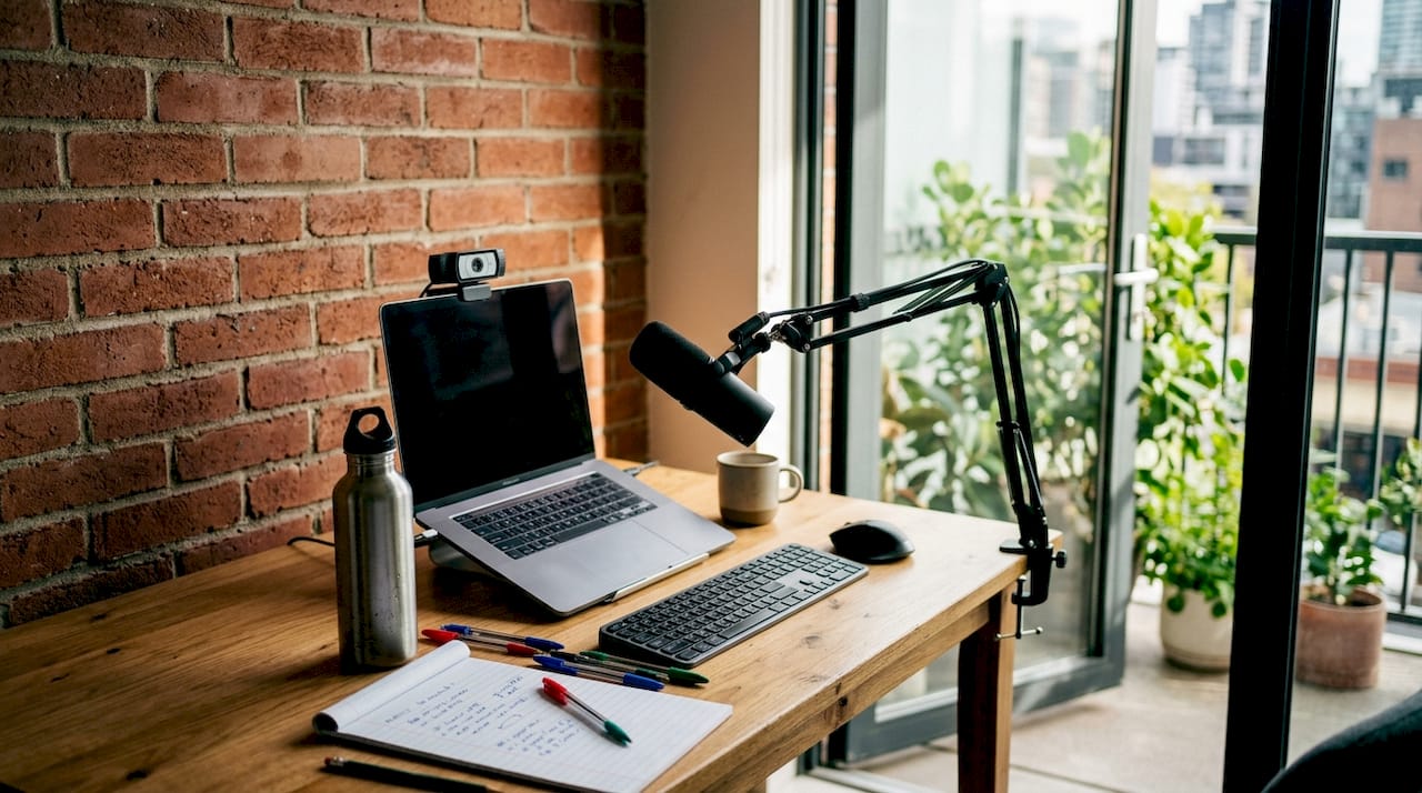 Top view of online English teaching equipment on desk