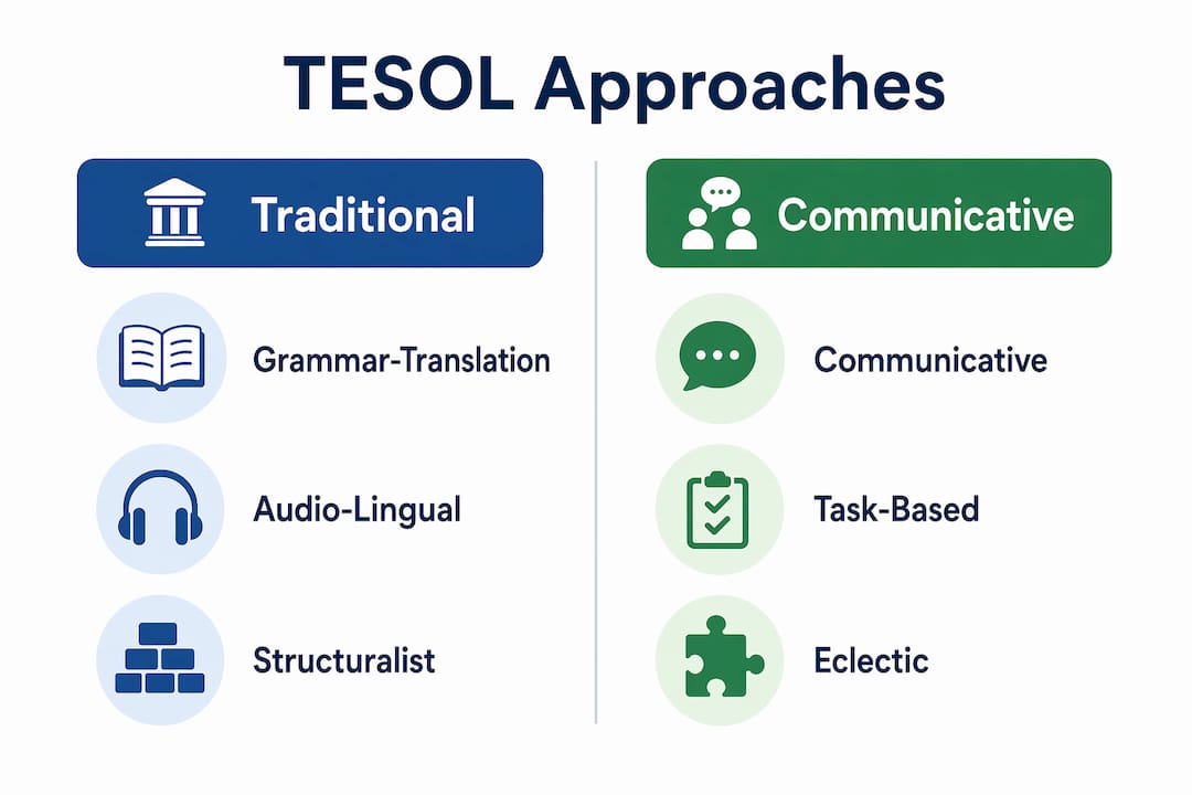 Infographic comparing traditional and communicative TESOL approaches