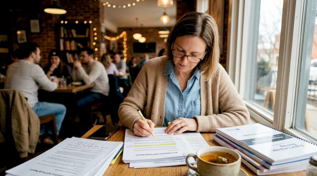 Woman reviewing TEFL accreditation papers at desk