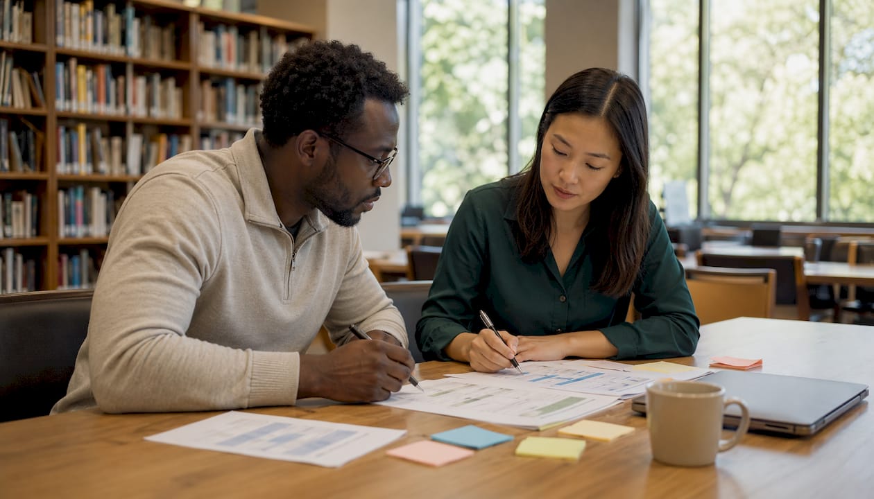 Two colleagues reviewing TEFL program comparison