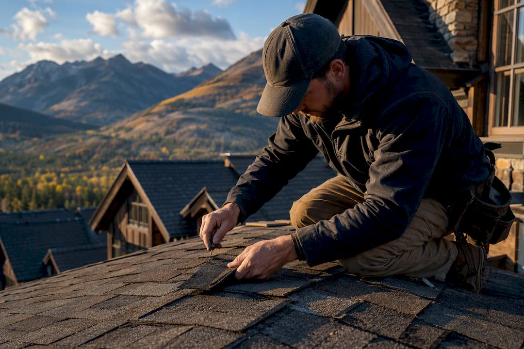 Hands repairing condo roof shingles