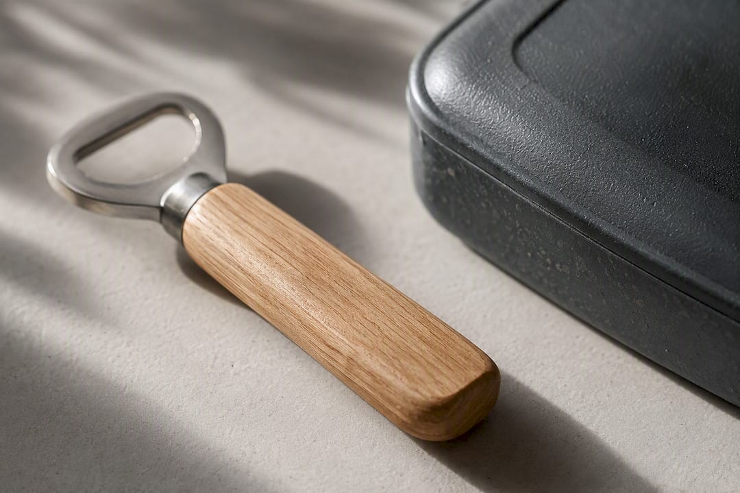 Apribottiglie in legno e gadget realizzati con plastica riciclata