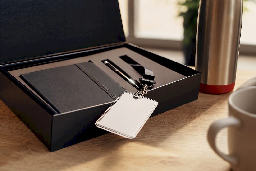 Apri la scatola del kit di benvenuto con penna e quaderno
