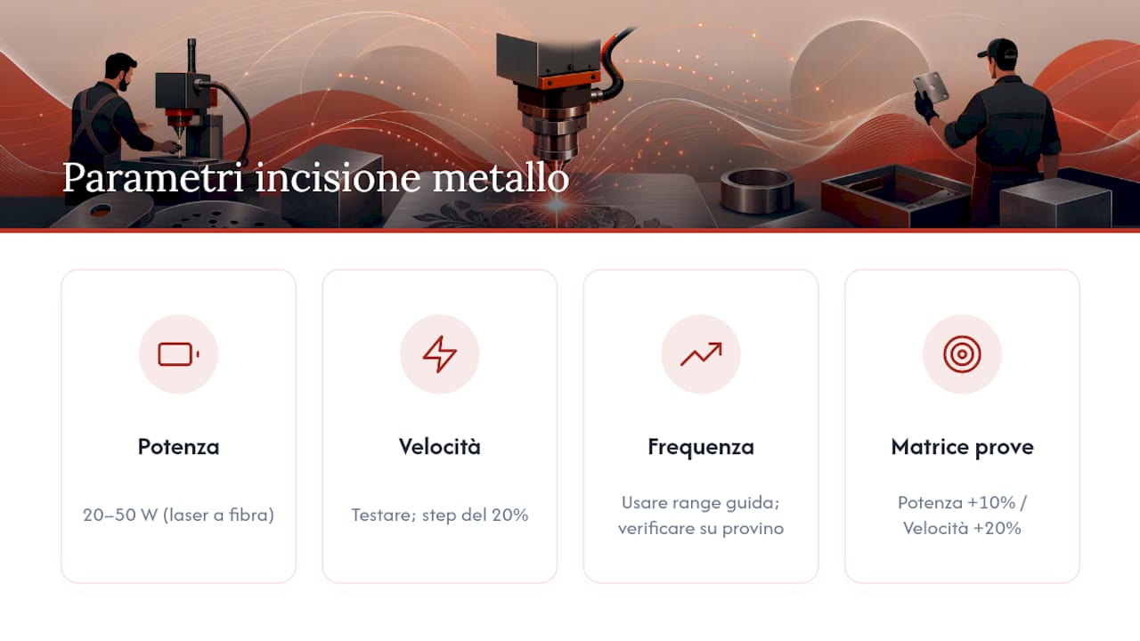 Schema dei parametri di potenza, velocità e frequenza per incisione laser su metallo