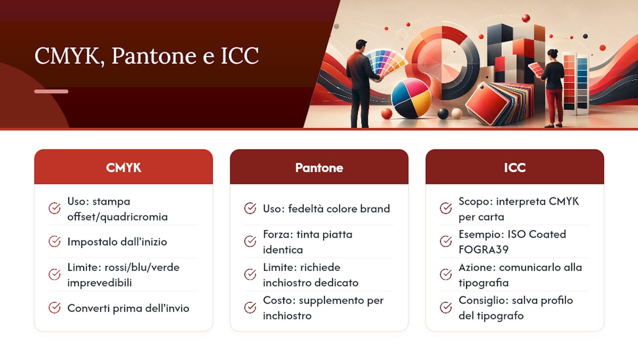 CMYK, Pantone e profili ICC: come evitare sorprese di colore — overview diagram