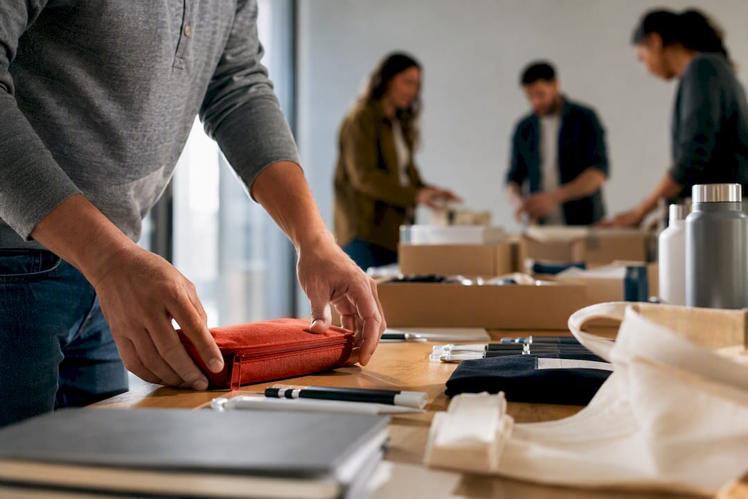 Volontari impegnati nella preparazione dei gadget per la raccolta fondi