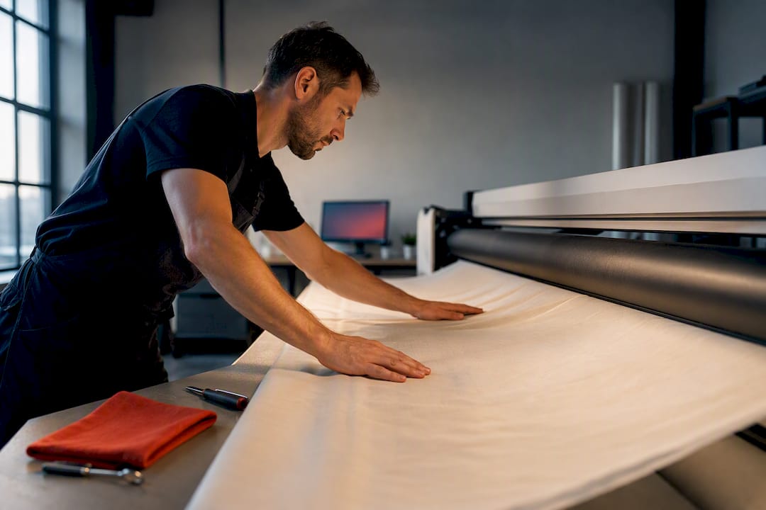 Tecnico che prepara il tessuto per la stampa all over