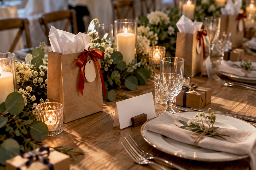 Wedding bag e gadget sul tavolo apparecchiato