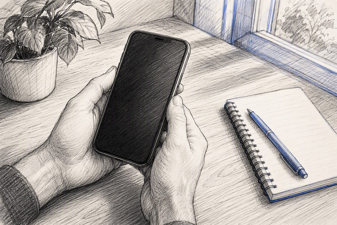Mains tenant un smartphone posé sur un bureau