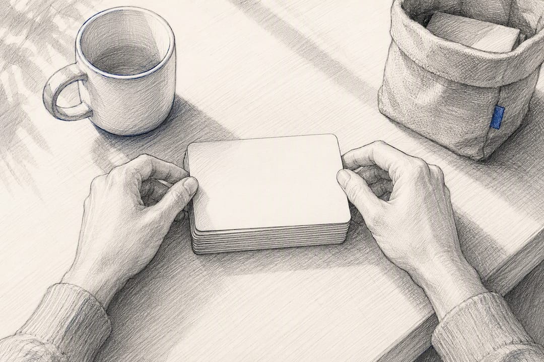 Des mains organisant des objets marketing minimalistes sur un bureau