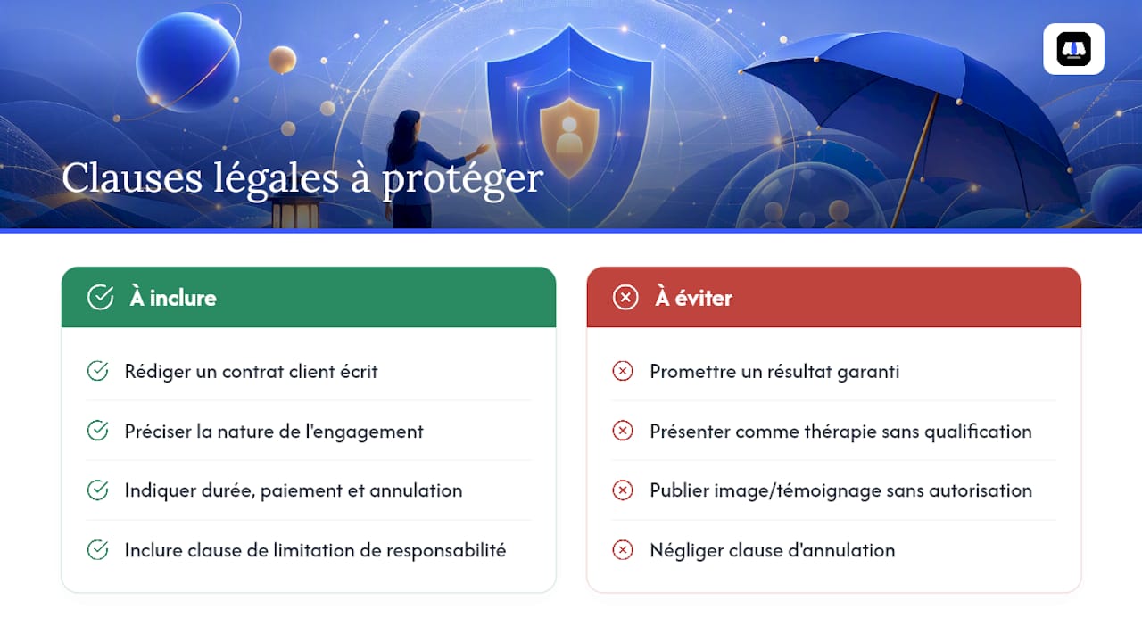 Quels aspects légaux protéger dans votre contrat de coaching ? — overview diagram