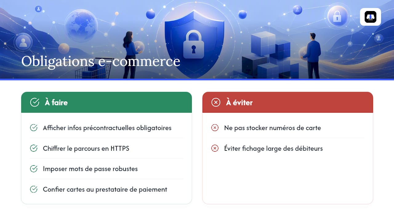 Obligations e‑commerce : informations précontractuelles, sécurité et conservation des données — overview diagram
