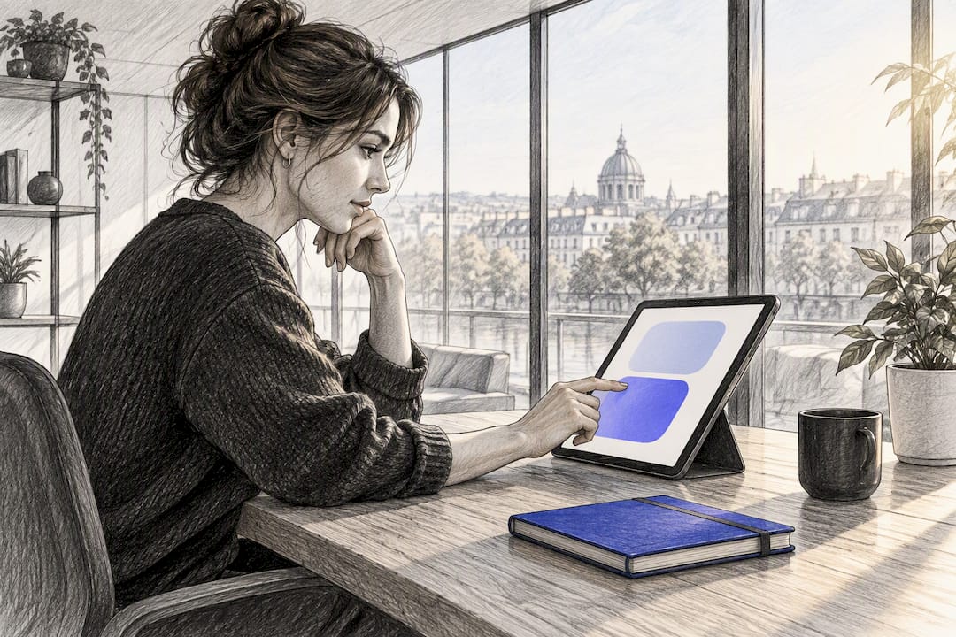 Créatrice évaluant différentes plateformes sur tablette