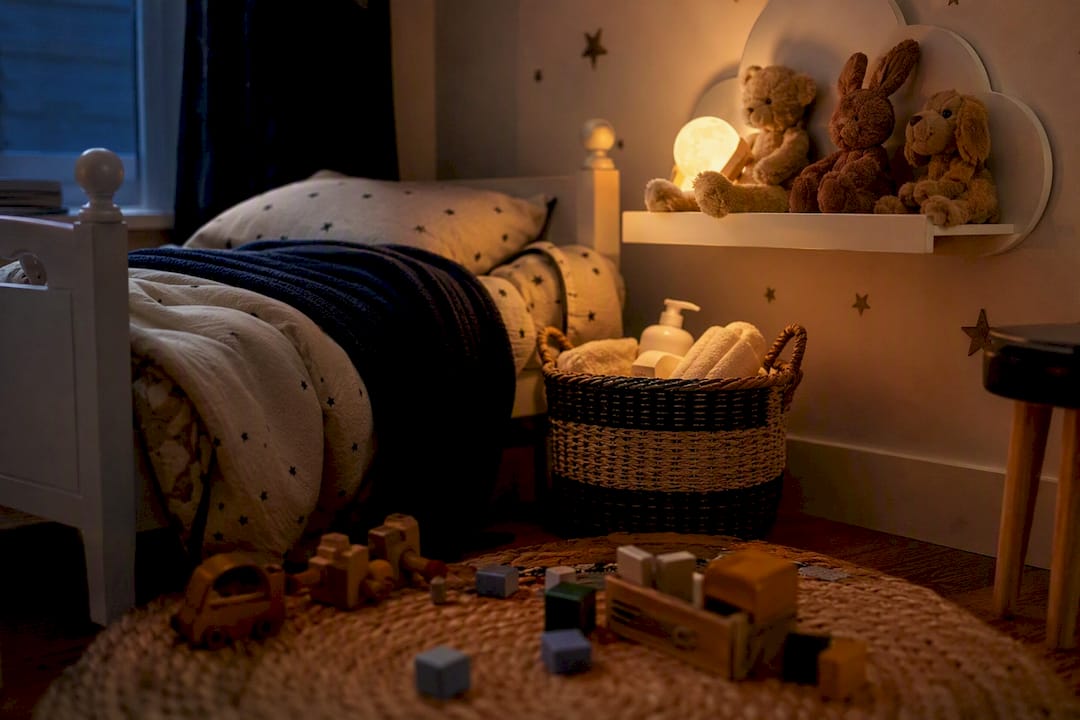 Child's bedroom with bedtime routine items arranged
