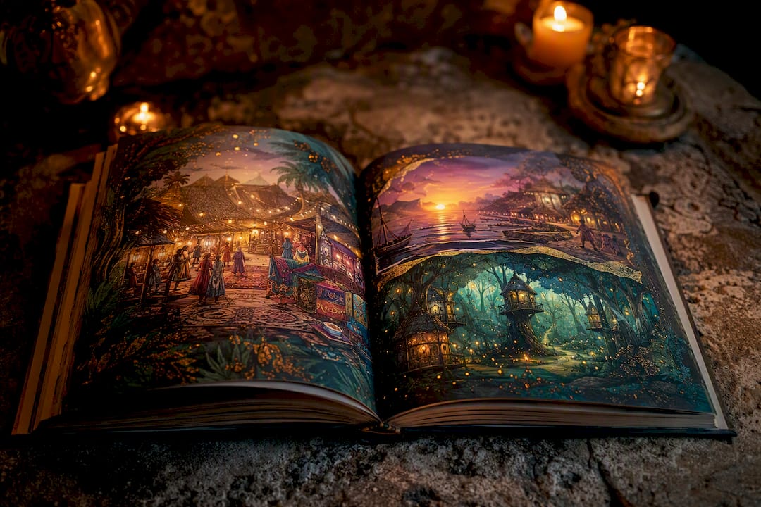 Illustrated storybook with diverse magical settings