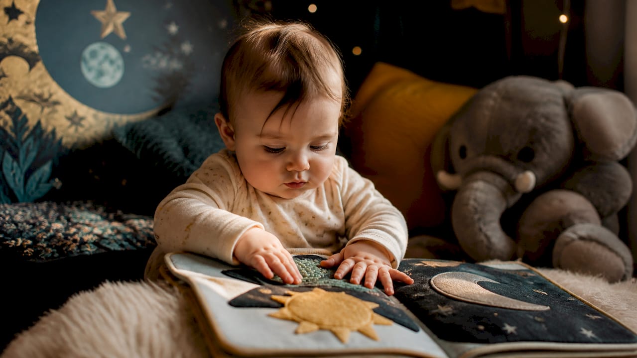 Baby touching textured board book in soft light