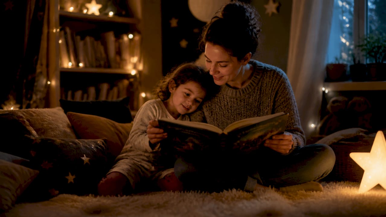 Parent reading bedtime story to child in cozy room