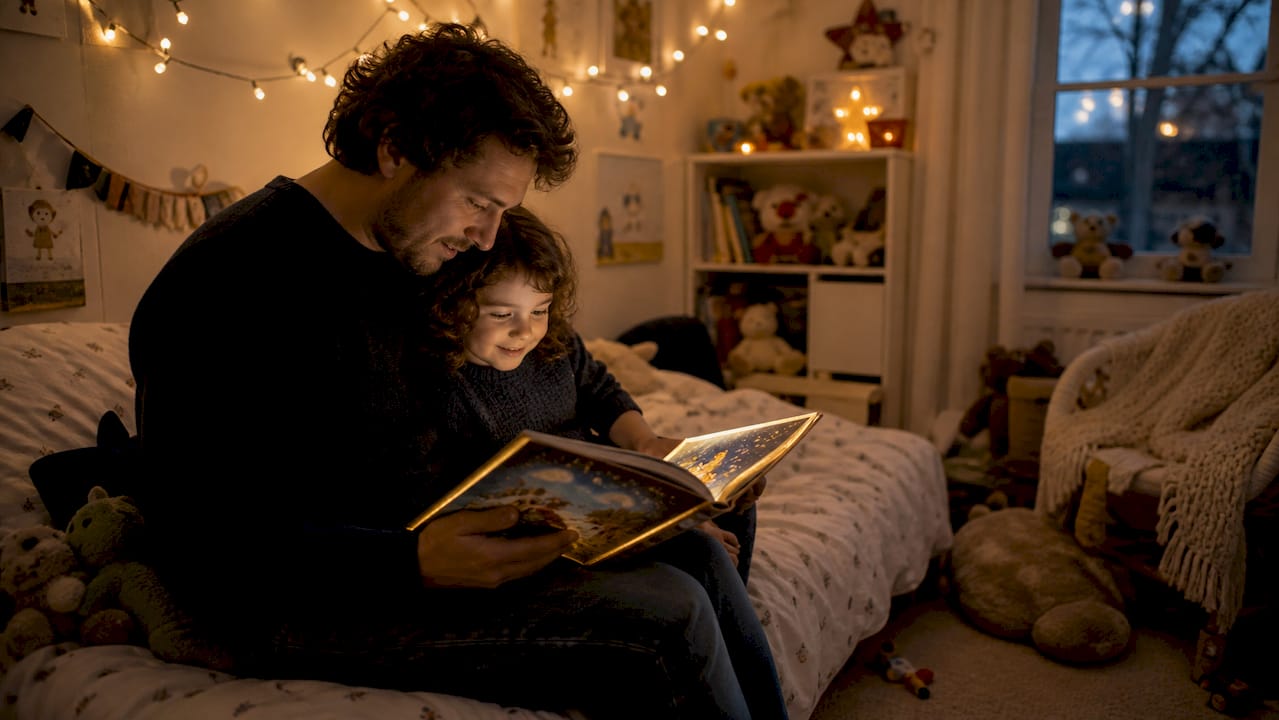 Parent reading personalized bedtime story to child
