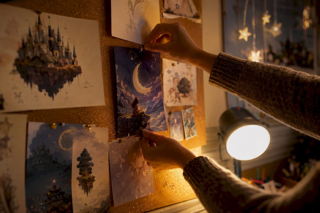 Hands arranging storybook pages on table