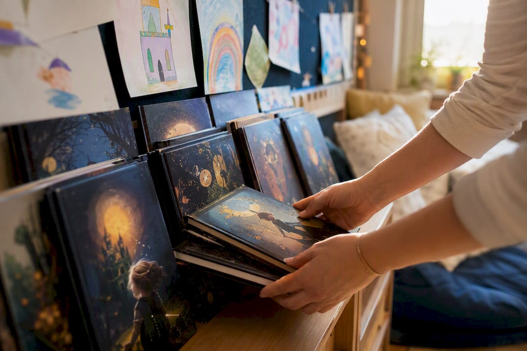 Teacher organizing personalized class storybooks
