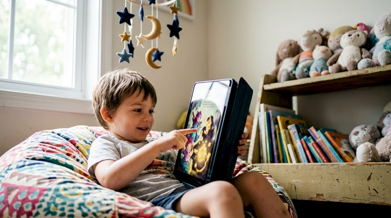 Child viewing personalized illustrated ebook on tablet
