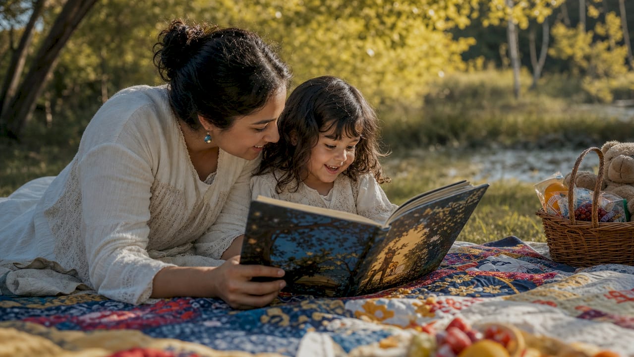 Parent reading personalized storybook to child