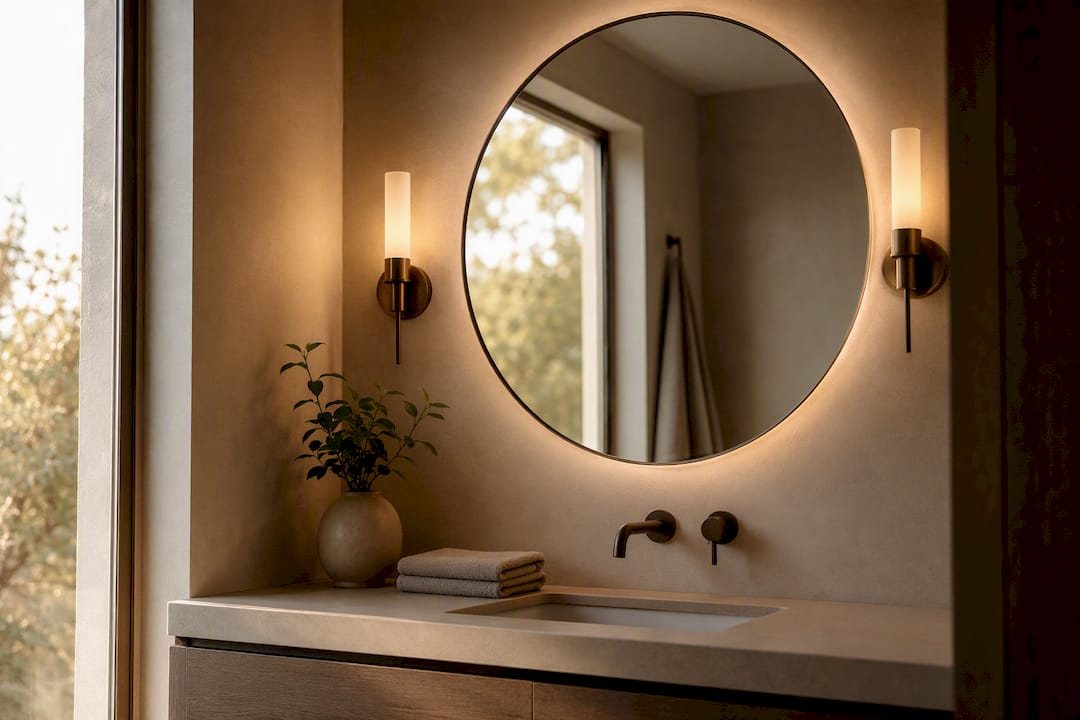 Bathroom mirror with side-mounted vertical sconces lighting
