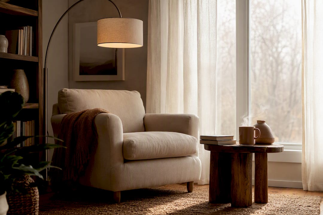 Cozy reading nook with an arc floor lamp