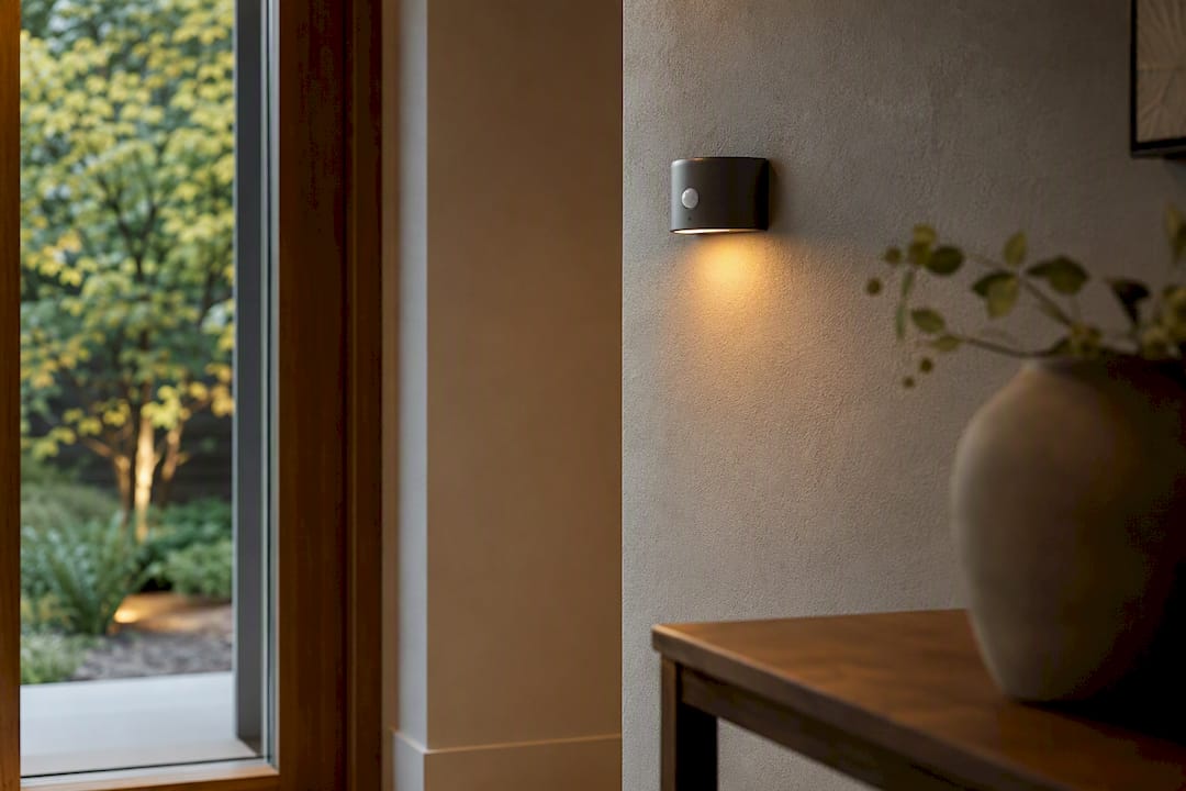 Wall-mounted motion sensor in a warmly lit hallway