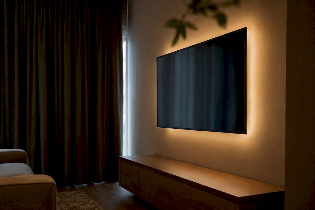 Television near curtains with soft light behind the screen