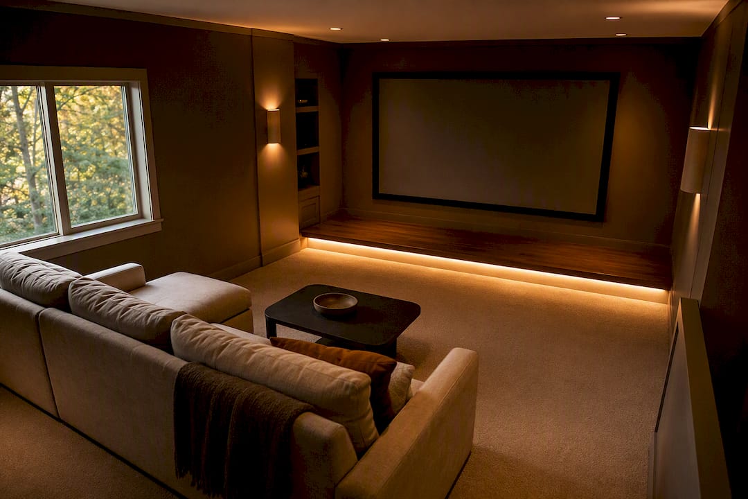 Layered lighting ambiance in home theater corner