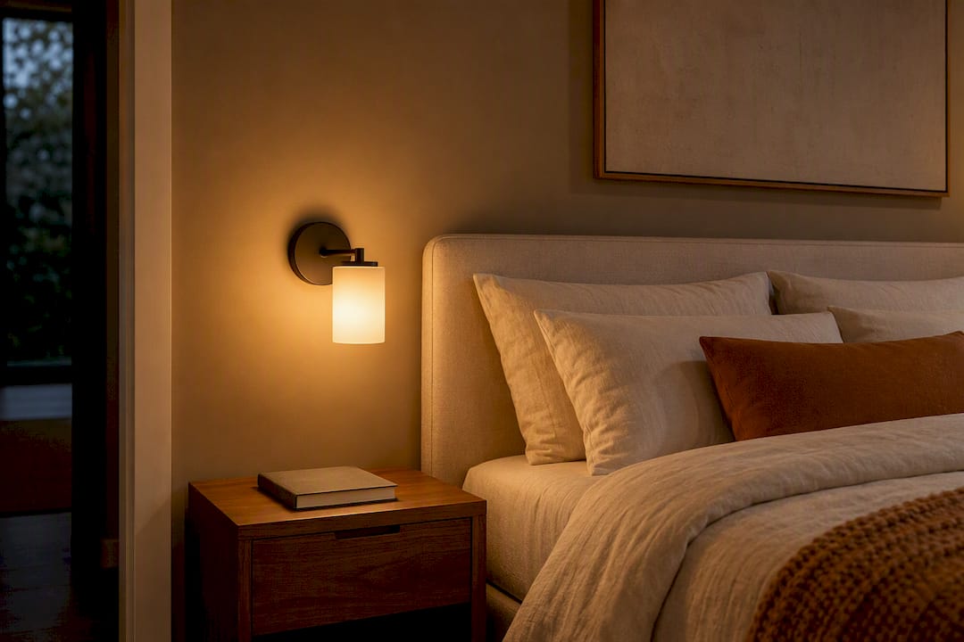 Dimmable frosted sconce beside bed