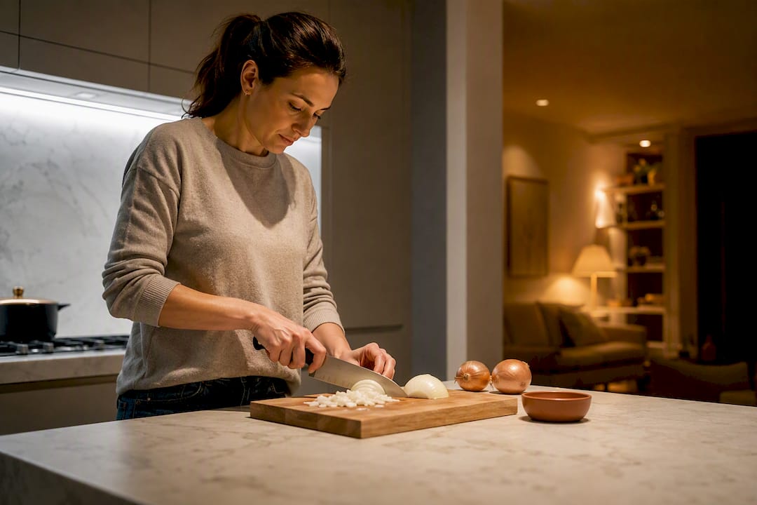 Kitchen counter under warm and neutral lighting