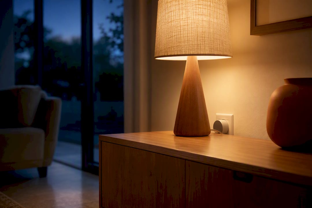 Smart plug powering a warmly lit table lamp