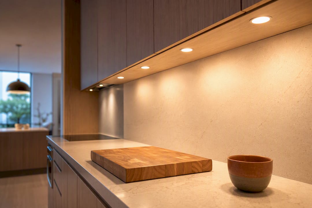 Recessed lights positioned over kitchen counters