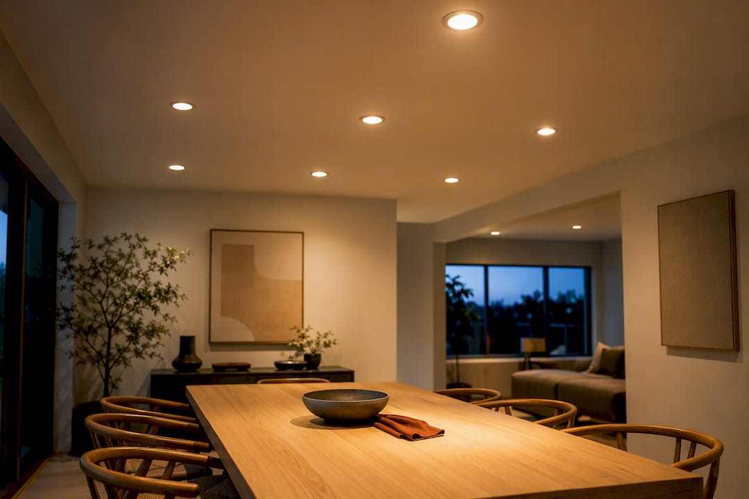 Recessed ceiling lights illuminating dining room