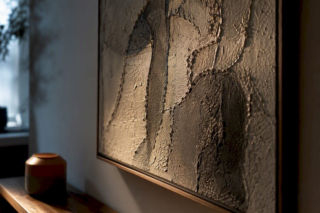 Raking light revealing textured artwork