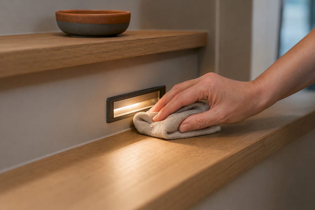 Hand cleaning a recessed stair light
