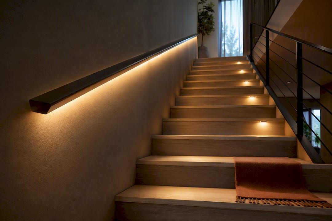 Warmly lit staircase with layered LED lighting