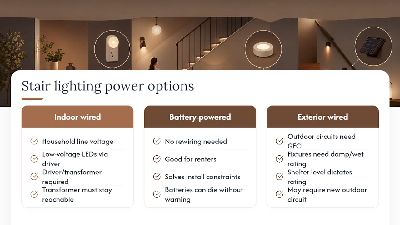 Stair lighting power and wiring options diagram