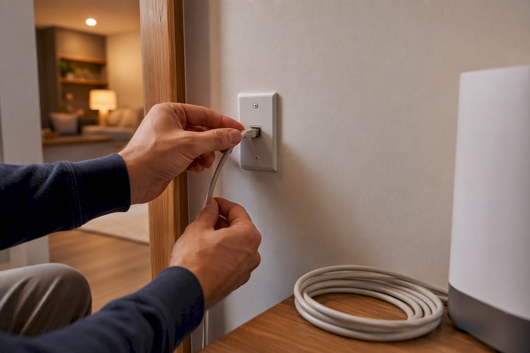 Hands routing Ethernet cable for wired backhaul