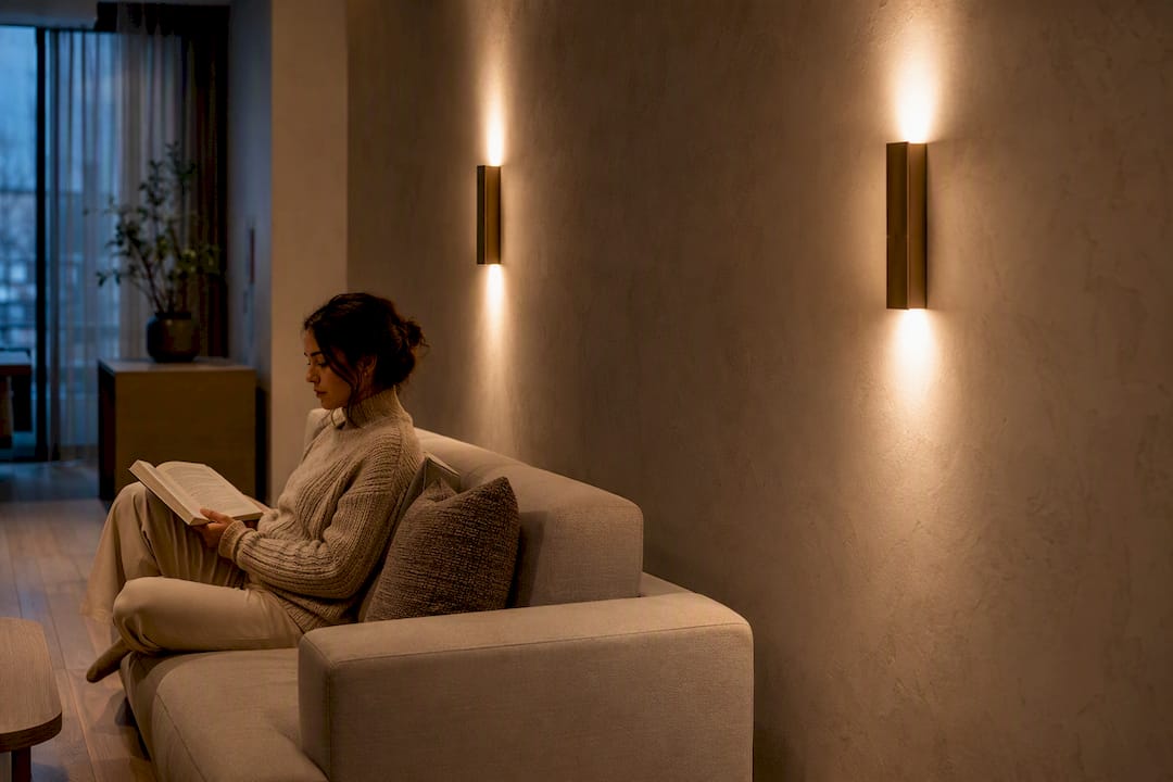 Wall sconces lighting a compact living room