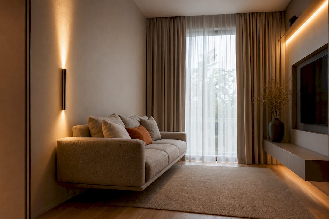 Small living room with vertical layered lighting