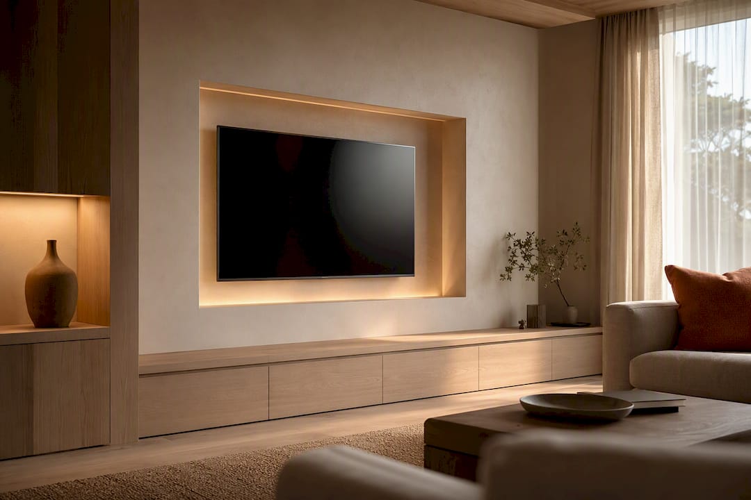 Warm minimalist TV wall with recessed niche