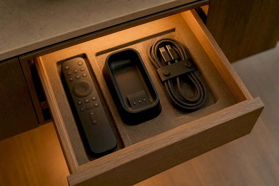 Organized drawer hiding remotes and charging cables