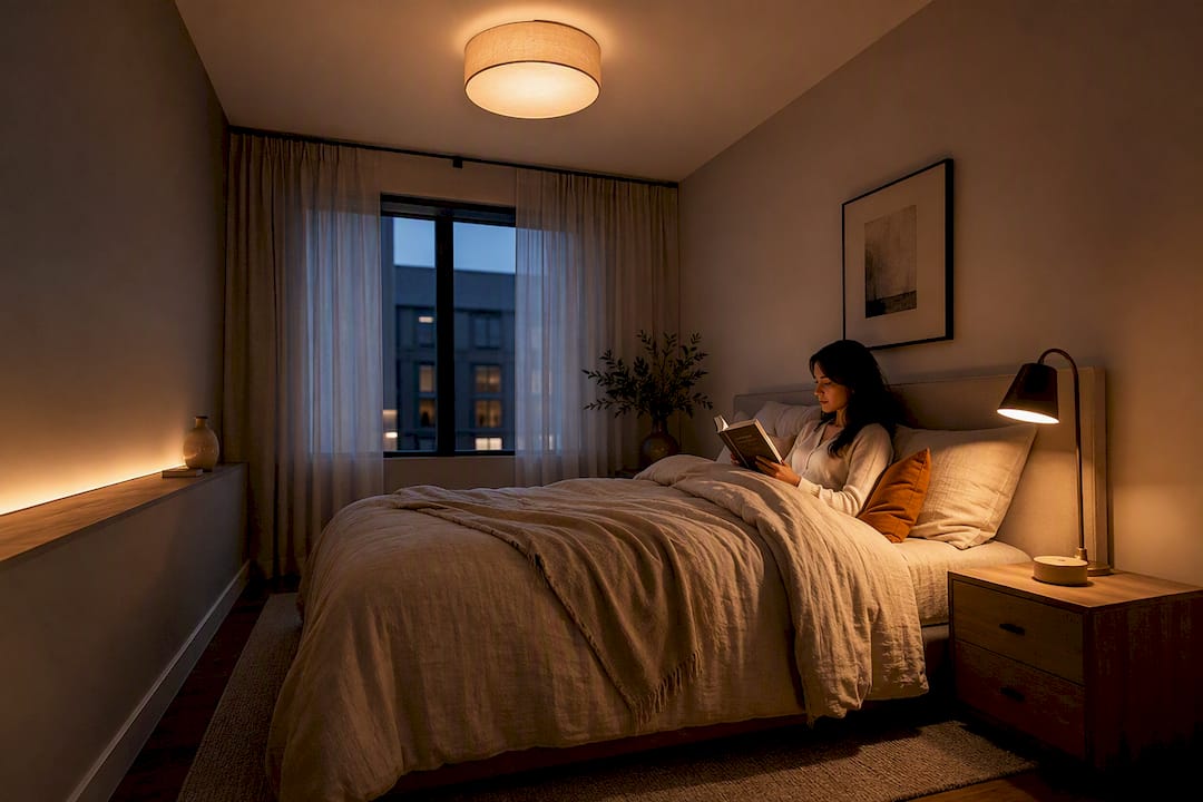 Small bedroom with layered warm lighting