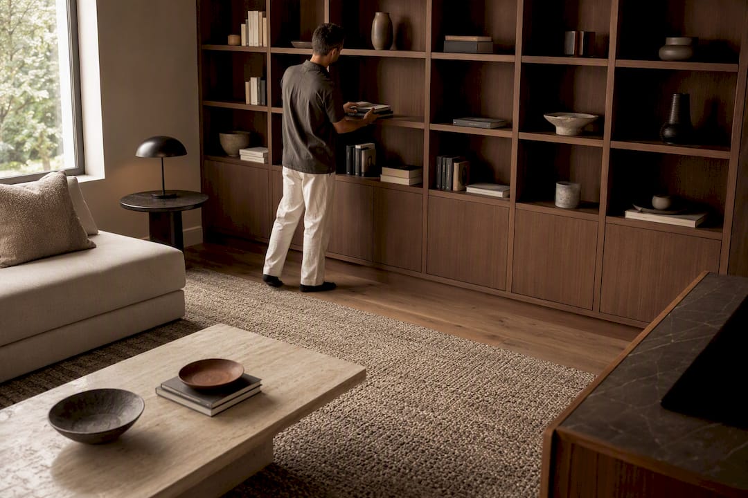 Uneven bookshelf and rug in listening room
